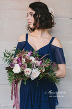 Vestidos de dama de honor de gasa azul marino, corte en A, escote en V, para bodas y fiestas.