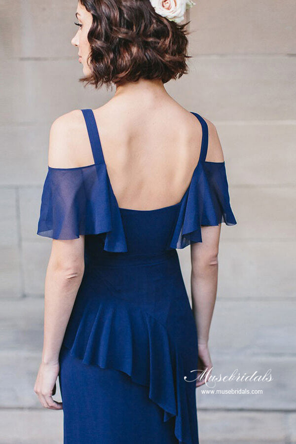 Vestidos de dama de honor de gasa azul marino, corte en A, escote en V, para bodas y fiestas.