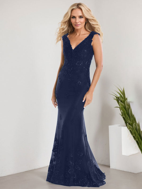 Vestido de sirena para la madre de la novia, corte sirena, escote en V, largo hasta el suelo, de gasa de encaje con apliques de lentejuelas. 
