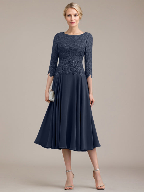 Vestido de corte A con escote redondo y largo hasta la rodilla en gasa de encaje para la madre de la novia 