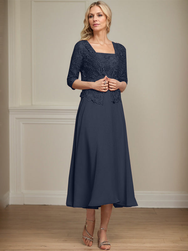 Vestido de corte A, largo midi, de gasa, encaje y lentejuelas para la madre de la novia. 