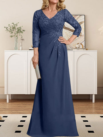 Sheath/Column V-Neck Illusion Floor-Length Lace Chiffon Mother of the Bride Dress With Pleated Sequins