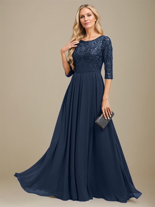 Vestido de corte A, escote redondo, largo hasta el suelo, de gasa de encaje con apliques de lentejuelas para la madre de la novia. 