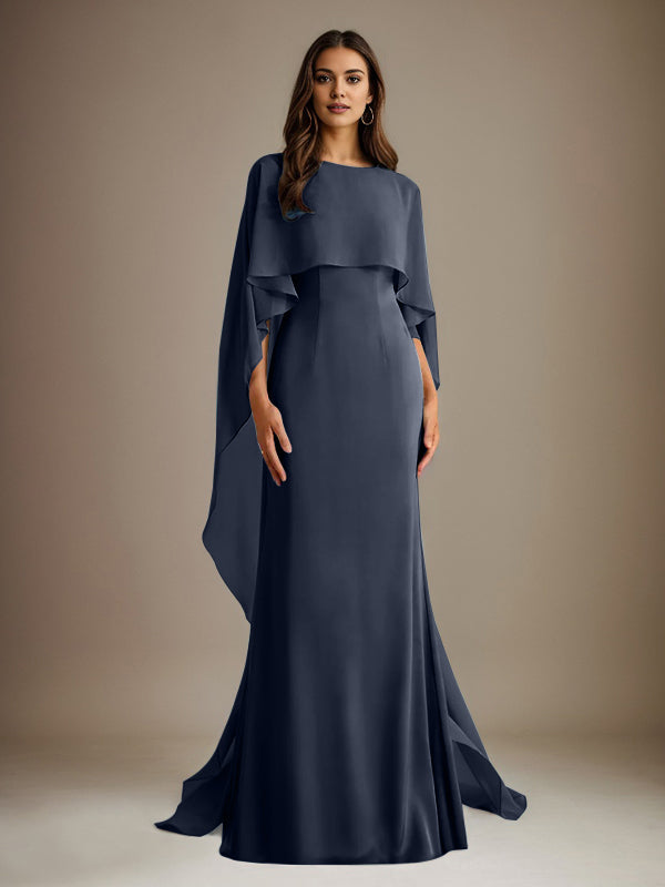 Vestido de gasa de corte recto/columna, escote barco y largo hasta el suelo, para la madre de la novia, con volantes en cascada. 