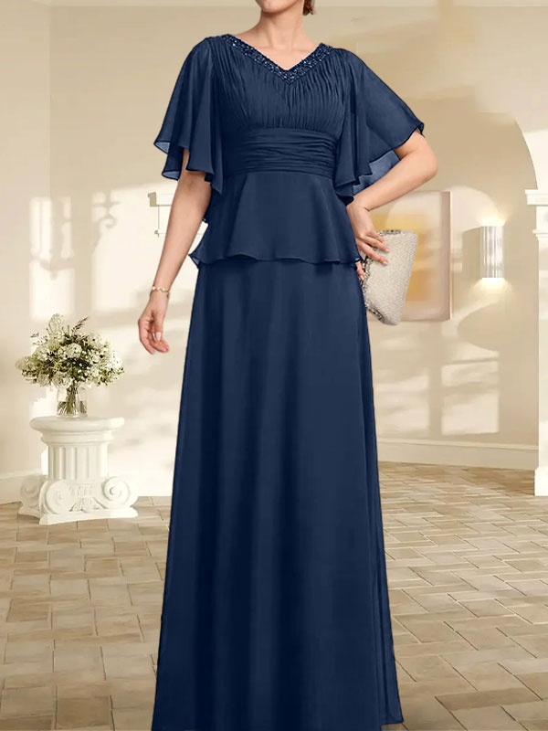Vestido de gasa de corte A, escote en V, largo hasta el suelo, para la madre de la novia, con plisados ​​y cuentas.