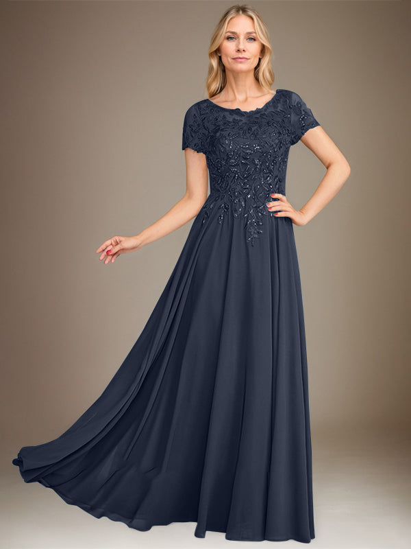 Vestido de corte A, escote redondo, largo hasta el suelo, de gasa, para la madre de la novia, con apliques y lentejuelas. 
