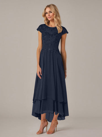 A-line Boat Neck Illusion Asymmetrical Chiffon Lace Mother of the Bride Dress With Applique Pleats