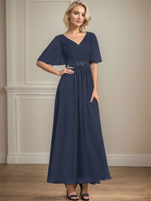 Robe de mère de la mariée en mousseline de soie, coupe trapèze, col en V, longueur cheville, ornée de sequins et de perles plissées