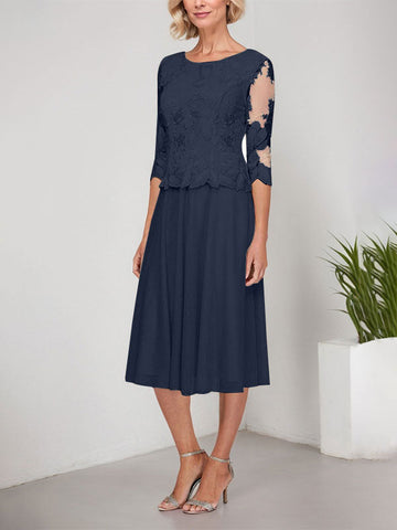 A-line Scoop Tea-Length Lace Chiffon Mother of the Bride Dress With Embroidery