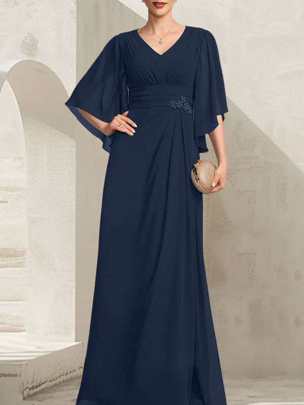 Vestido de corte recto/columna, escote en V, largo hasta el suelo, de gasa, para la madre de la novia, con lentejuelas plisadas y pedrería.
