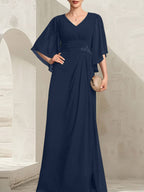 Vestido de corte recto/columna, escote en V, largo hasta el suelo, de gasa, para la madre de la novia, con lentejuelas plisadas y pedrería.