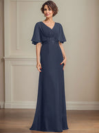 Vestido de corte A, escote en V, largo hasta el suelo, de gasa, para la madre de la novia, con apliques de lentejuelas plisadas y encaje.
