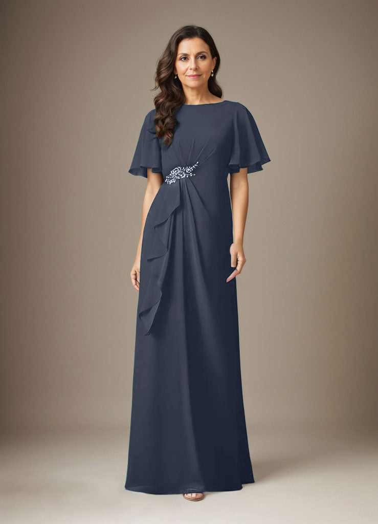 Vestido de gasa azul marino oscuro de corte recto con cuentas