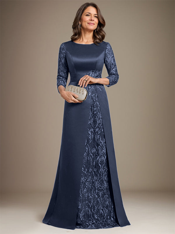 Vestido de novia de corte A, escote redondo, largo hasta el suelo, de satén de encaje, con apliques, para la madre de la novia. 