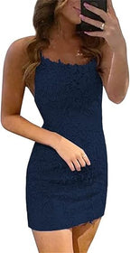 Robe de bal courte fourreau bleue en dentelle à fines bretelles spaghetti sans manches 