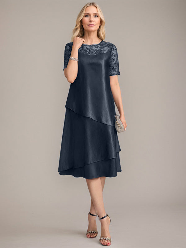 Vestido de corte A, escote redondo, largo hasta la rodilla, para la madre de la novia, con apliques y lentejuelas. 