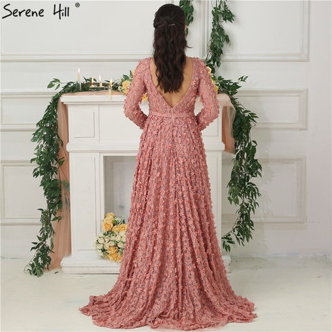 Robe de soirée rose blush à manches longues, coupe trapèze, fleurs faites à la main, perles, robe de soirée tendance, photo réelle, LA6650, 2025 