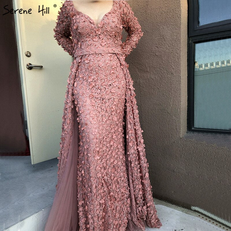 New Blush Pink Long Sleeves Evening Dresses 2025 A-Line Handmade Flowers Pearls Fashion Evening Gowns Real Photo LA6650