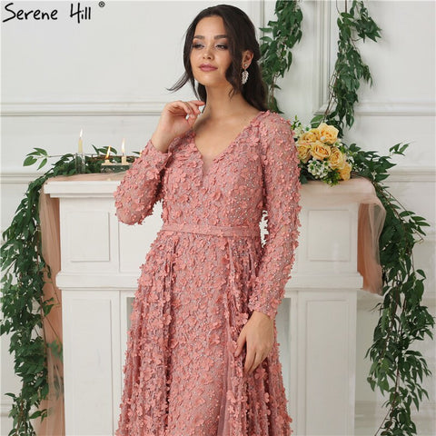 Robe de soirée rose blush à manches longues, coupe trapèze, fleurs faites à la main, perles, robe de soirée tendance, photo réelle, LA6650, 2025 