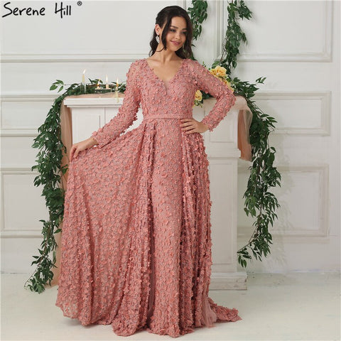 Robe de soirée rose blush à manches longues, coupe trapèze, fleurs faites à la main, perles, robe de soirée tendance, photo réelle, LA6650, 2025 