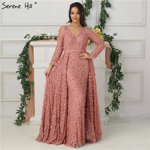 Robe de soirée rose blush à manches longues, coupe trapèze, fleurs faites à la main, perles, robe de soirée tendance, photo réelle, LA6650, 2025 