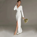 New Civil Wedding Dress V-neck Floor Length White Side Slit Bridal Gown For Bride Lawn 2023 Engagement Party Vestidos Novia