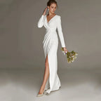 New Civil Wedding Dress V-neck Floor Length White Side Slit Bridal Gown For Bride Lawn 2023 Engagement Party Vestidos Novia