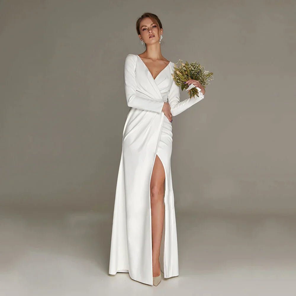 New Civil Wedding Dress V-neck Floor Length White Side Slit Bridal Gown For Bride Lawn 2023 Engagement Party Vestidos Novia