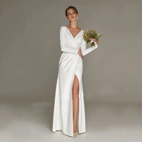 New Civil Wedding Dress V-neck Floor Length White Side Slit Bridal Gown For Bride Lawn 2023 Engagement Party Vestidos Novia