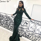 On Sale No Return No Refund New Designer Green High Neck Sexy Evening Dresses 2025 Sequined Long Sleeves Fashion Luxury For Women Party LA6314