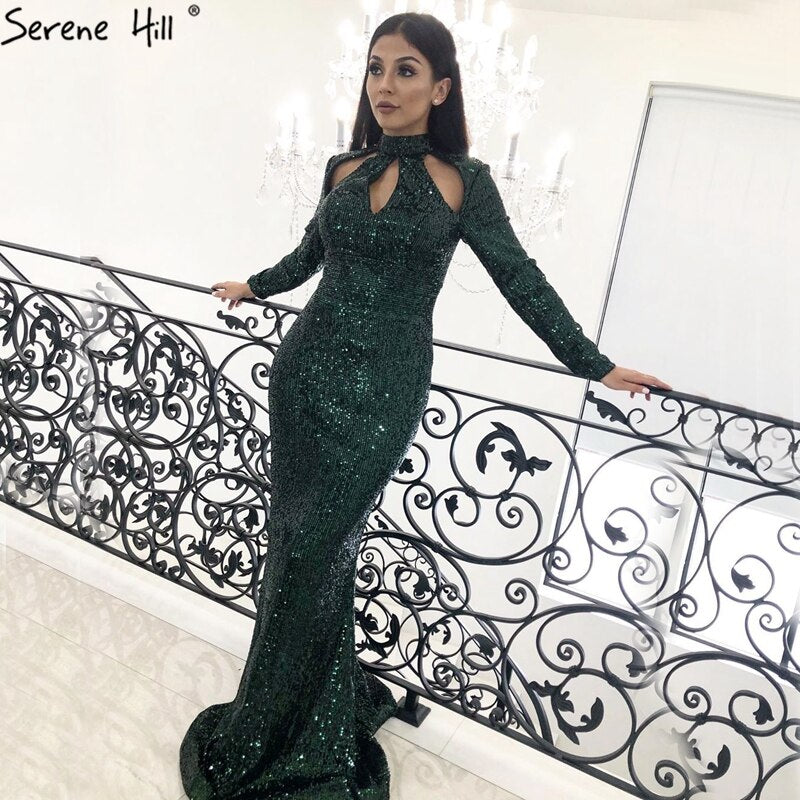 On Sale No Return No Refund New Designer Green High Neck Sexy Evening Dresses 2025 Sequined Long Sleeves Fashion Luxury For Women Party LA6314