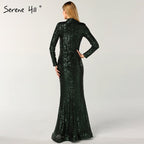 On Sale No Return No Refund New Designer Green High Neck Sexy Evening Dresses 2025 Sequined Long Sleeves Fashion Luxury For Women Party LA6314