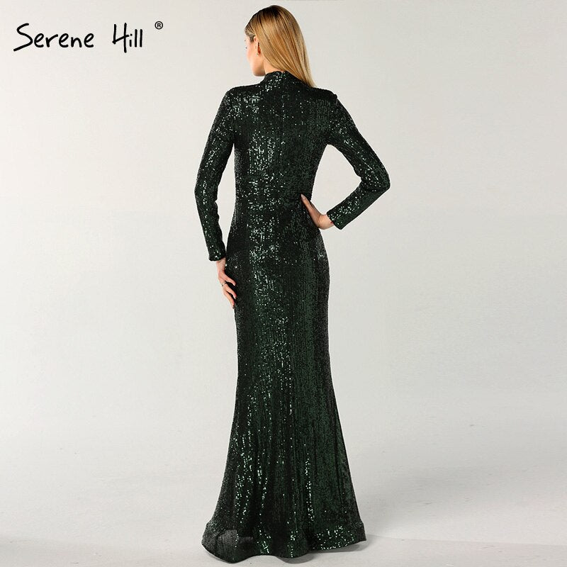 On Sale No Return No Refund New Designer Green High Neck Sexy Evening Dresses 2025 Sequined Long Sleeves Fashion Luxury For Women Party LA6314
