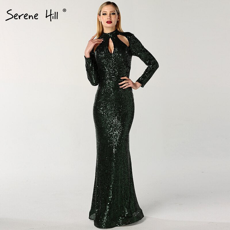 On Sale No Return No Refund New Designer Green High Neck Sexy Evening Dresses 2025 Sequined Long Sleeves Fashion Luxury For Women Party LA6314