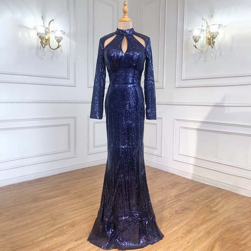 On Sale No Return No Refund New Designer Green High Neck Sexy Evening Dresses 2025 Sequined Long Sleeves Fashion Luxury For Women Party LA6314