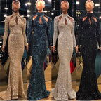 On Sale No Return No Refund New Designer Green High Neck Sexy Evening Dresses 2025 Sequined Long Sleeves Fashion Luxury For Women Party LA6314