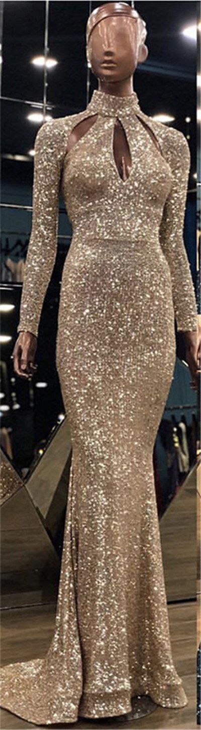 On Sale No Return No Refund New Designer Green High Neck Sexy Evening Dresses 2025 Sequined Long Sleeves Fashion Luxury For Women Party LA6314