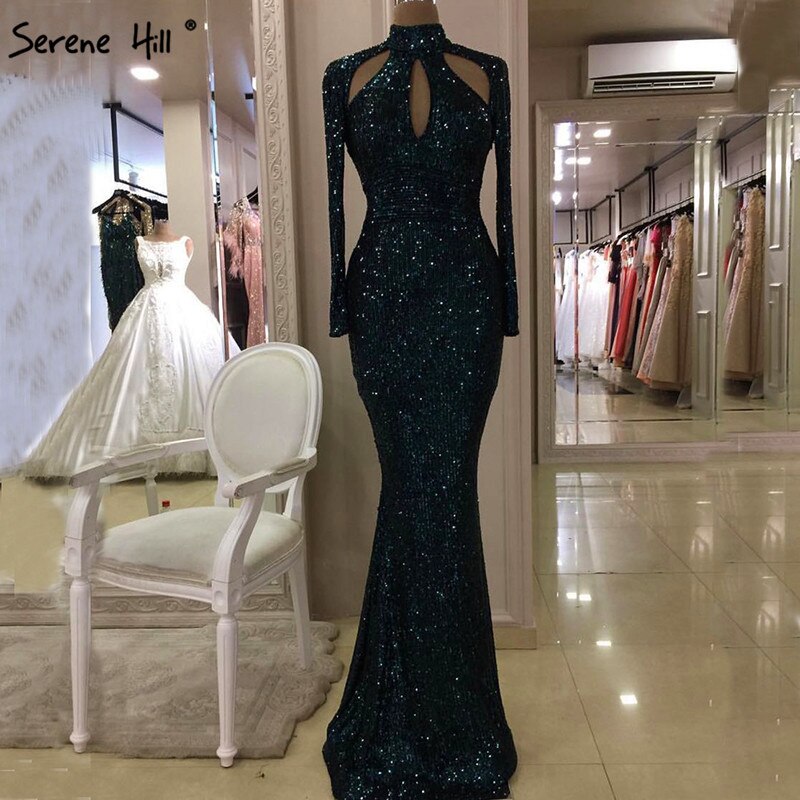 On Sale No Return No Refund New Designer Green High Neck Sexy Evening Dresses 2025 Sequined Long Sleeves Fashion Luxury For Women Party LA6314