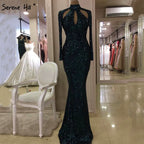 On Sale No Return No Refund New Designer Green High Neck Sexy Evening Dresses 2025 Sequined Long Sleeves Fashion Luxury For Women Party LA6314