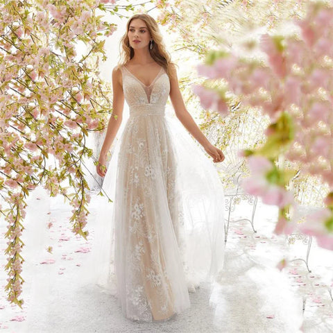 Vestido de novia europeo y americano, sexy, de encaje, sin mangas y con escote en V.