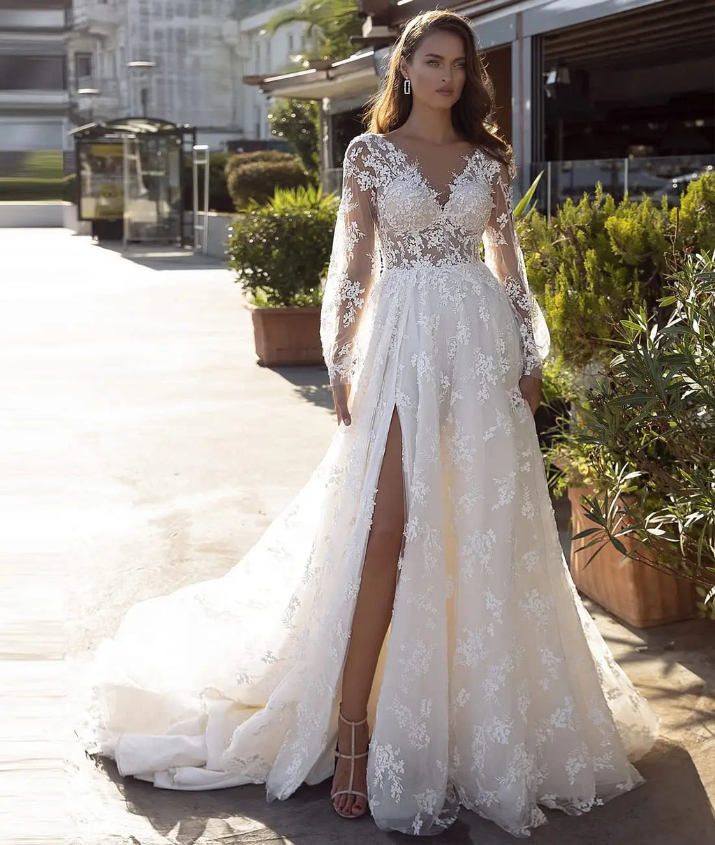 Nuevos Vestidos De Novia De manga larga, Vestido De Novia con apliques, cuello en V, Espalda descubierta, Vestidos De Novia De encaje, Vestido De novia