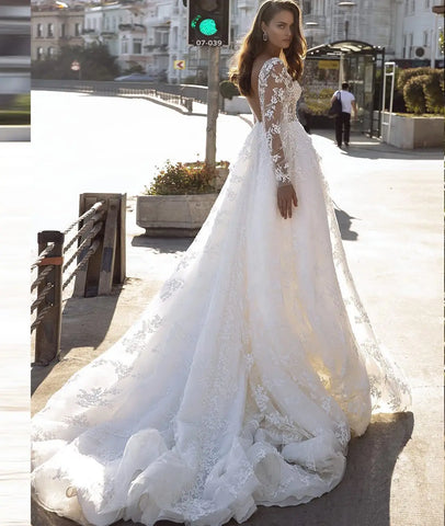 Nuevos Vestidos De Novia De manga larga, Vestido De Novia con apliques, cuello en V, Espalda descubierta, Vestidos De Novia De encaje, Vestido De novia