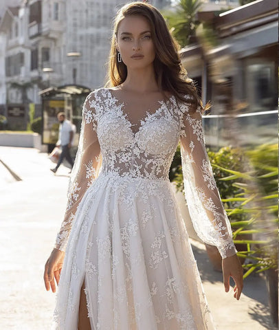 Nuevos Vestidos De Novia De manga larga, Vestido De Novia con apliques, cuello en V, Espalda descubierta, Vestidos De Novia De encaje, Vestido De novia