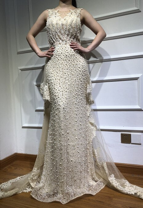 New Mermaid Sleeveless Sexy Evening Dresses Pearls Fashion Off Shoulder Evening Gowns 2025 LA6527