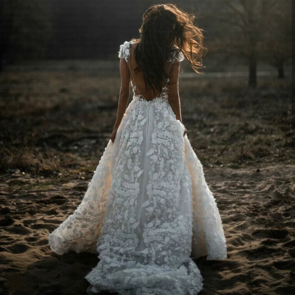 Robes de mariée romantiques bohèmes champêtres avec fleurs 3D, décolleté en V illusion, robes de mariée arabes