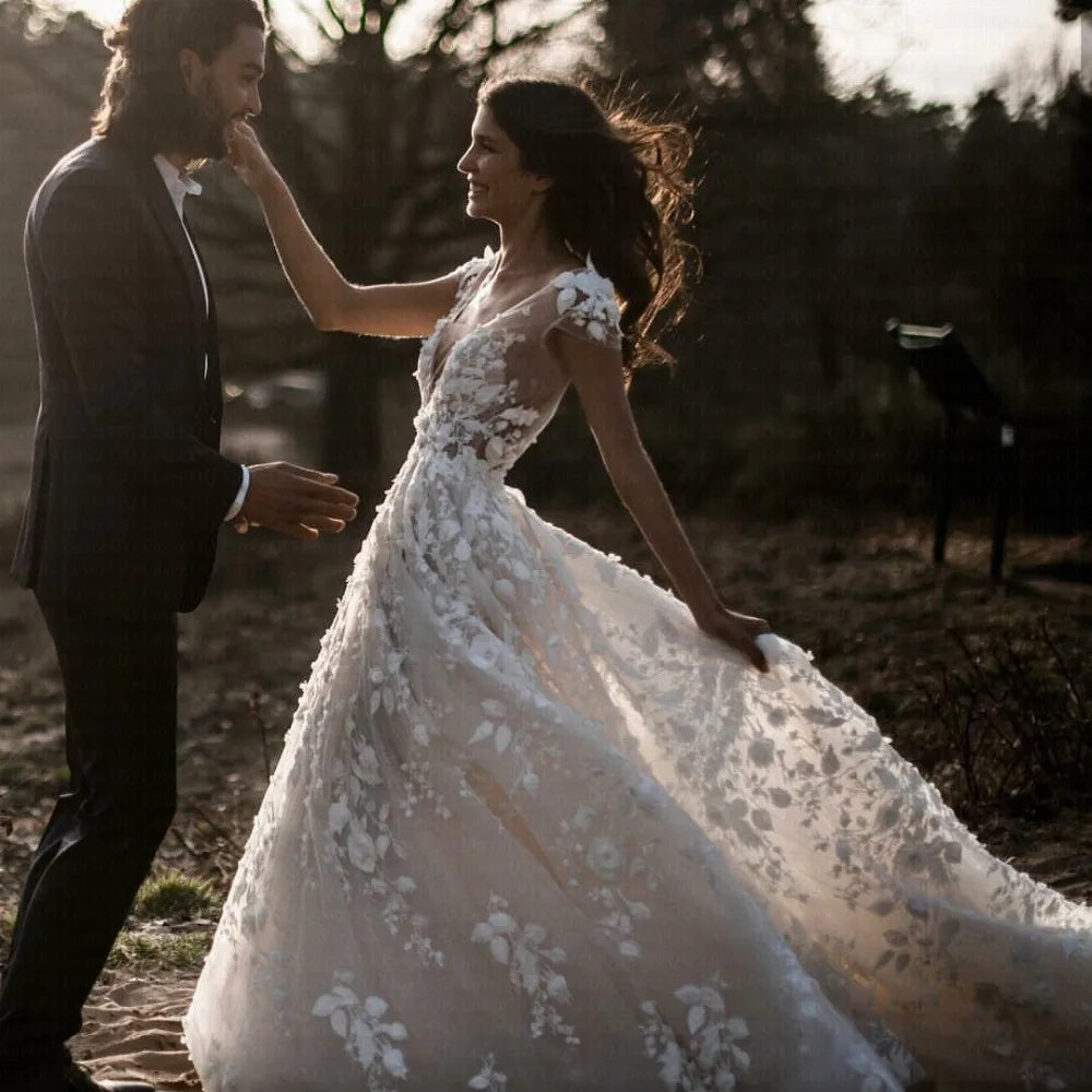 Robes de mariée romantiques bohèmes champêtres avec fleurs 3D, décolleté en V illusion, robes de mariée arabes