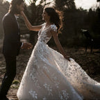 Robes de mariée romantiques bohèmes champêtres avec fleurs 3D, décolleté en V illusion, robes de mariée arabes