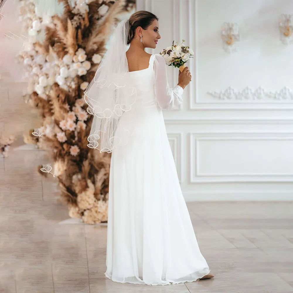 New Simple Wedding Dress 2022 A Line Square Collar Long Sleeve Floor Length Beach Bridal Gowns Eleagnt Vestidos De Novia Civil