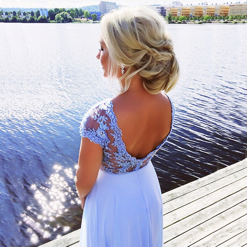 On Sale No Return No Refund Sleeveless Simple Fashion Blue Evening Dresses Crystal Elegant Chiffon Bezch Evening Gown 2025 Real Photo HA2177