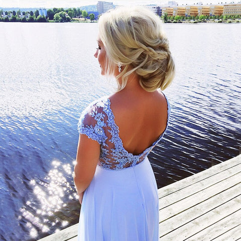 Robe de soirée bleue simple et élégante en mousseline de soie, sans manches, sans retour, sans remboursement, 2025, photo réelle HA2177 